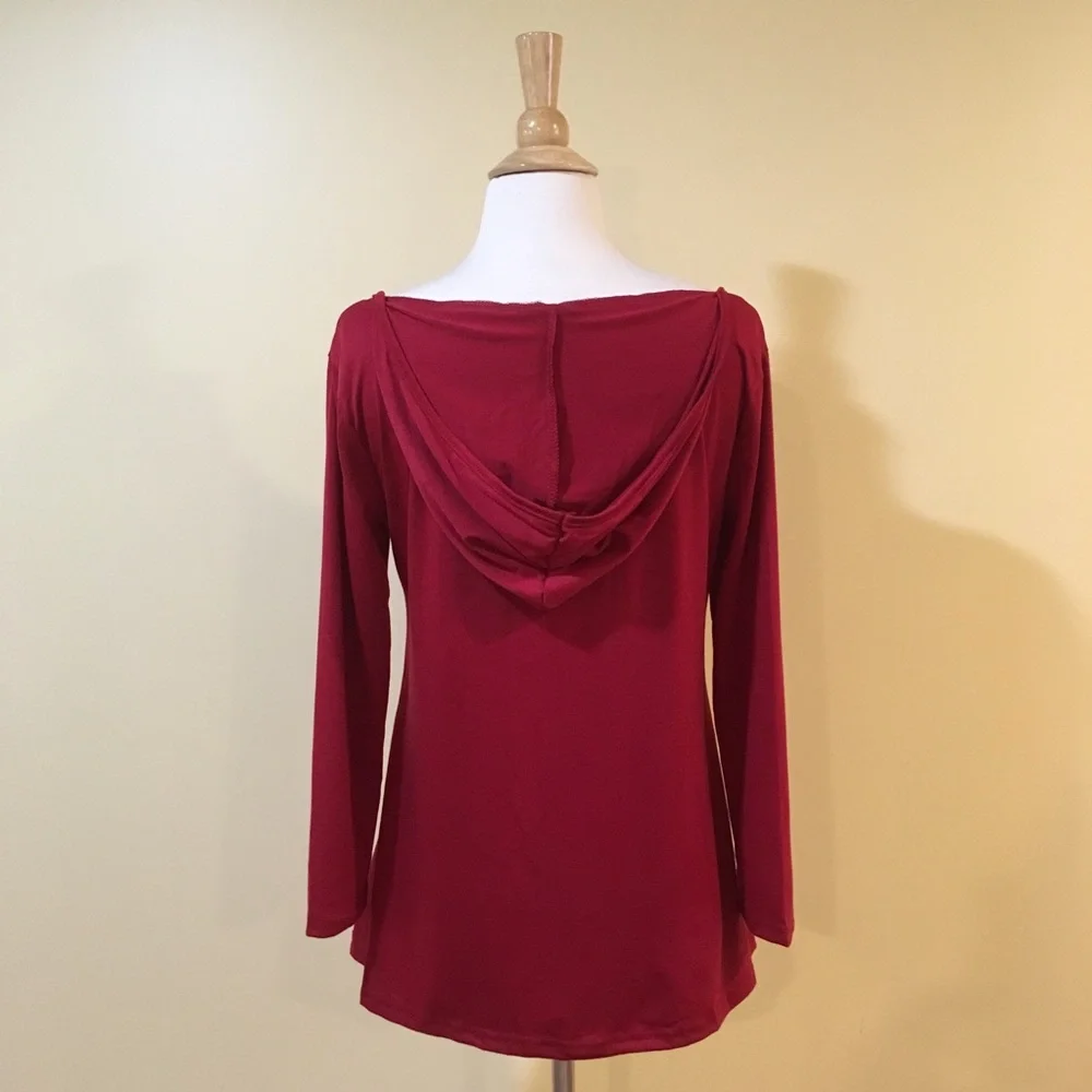Hooded Lace Up Sharkbite Hem High Low Top Burgundy - Picture 3 of 5